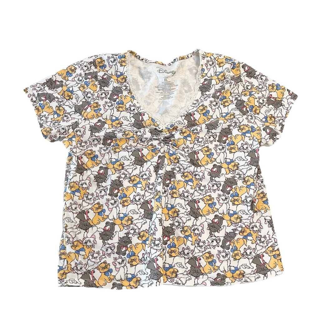 Disney Aristocats Marie Cat Ruched V Neck T Shirt All Over Print Lace Trim XL